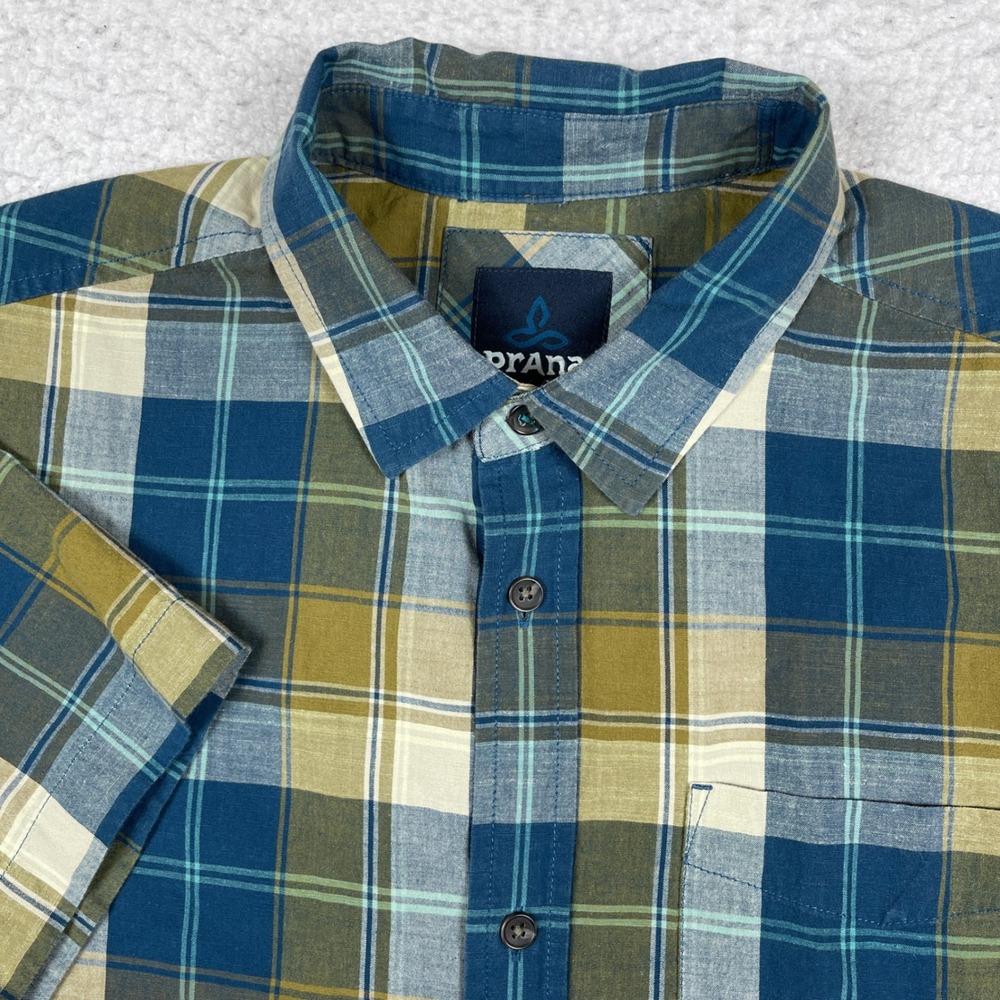 prAna Button Down Shirt Mens Medium Blue Olive Tan‎ Plaid Short Sleeve Outdoorsy